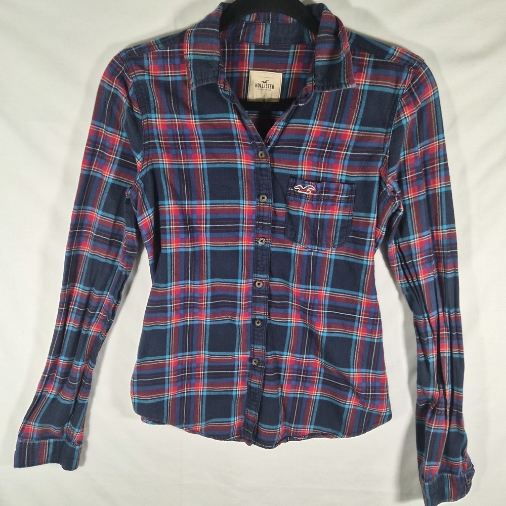 Hollister Womens M Plaid Flannel Shirt Red Blue Button Up Cotton Preppy